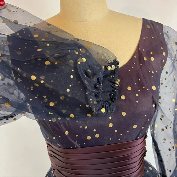 Vintage 50s Maxi Dress Navy & Gold Polka Dot Formal Gown XS/S - Picture 10 of 13